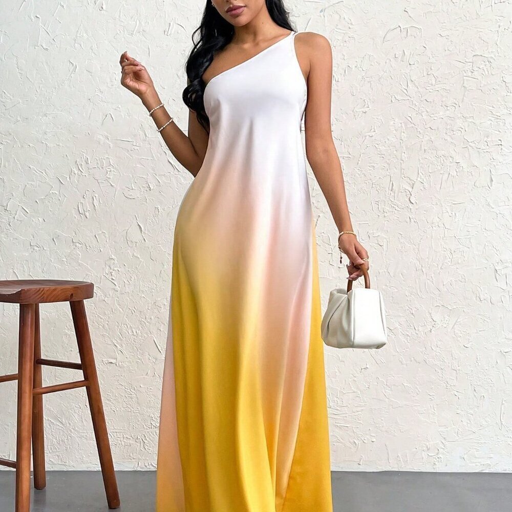 Yellow Casual Women's Gradient Backless One Shoulder Long Knot Dress